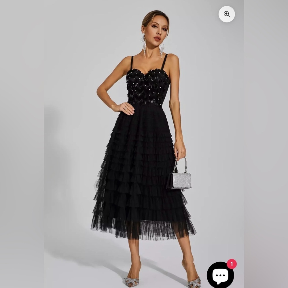 New Black Sequined Slip Party Cocktail Classy  Ruffled Dress size S